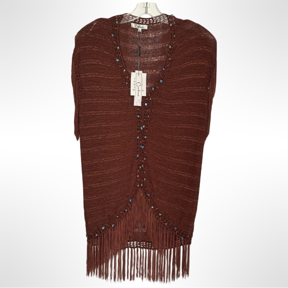 Carducci Brown Open Knit Fringe Vest Turquoise Beaded Boho Western Womens Small